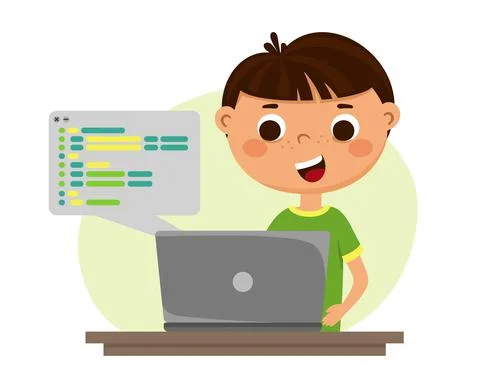 The child writes the program code. Children robotics programming. Vector Illustration