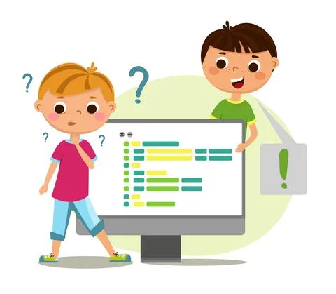 The child writes the program code. Children robotics programming. Vector Illustration