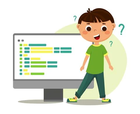 The child writes the program code. Children robotics programming. Vector Illustration
