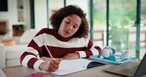 Child, writing and elearning in house with laptop, worksheet question or problem Stock Footage 335530954