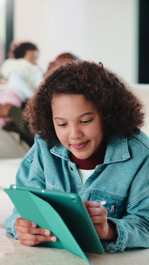 Child, writing and elearning with tablet in home, growth or skill development Stock Footage 335747976