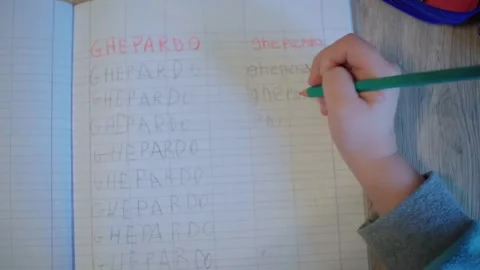 Child writing in print Stock Footage 148474225