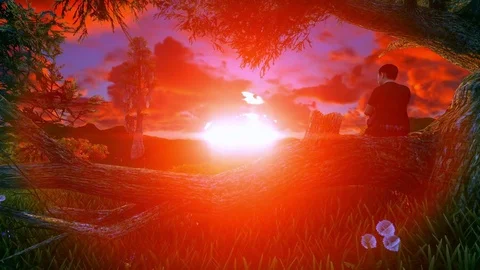 Child,3d model,watching a beautiful sunset Video stock 84945829