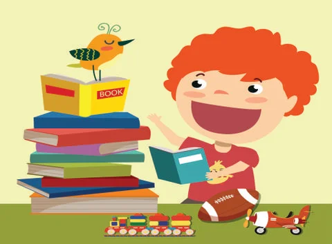 Childhood background book stack kid toys icons Stock Illustration
