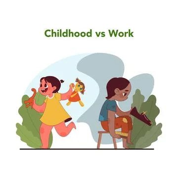 Childhood vs work contrast. Flat vector illustration Stock Illustration