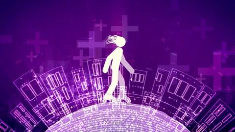 A childish 3d rendering of an abstract young man with streaming hair riding w Illustrazione stock