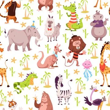 Childish animals seamless pattern. Cute summer wild fauna background, kids 스톡 일러스트