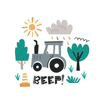 Childish background with cute tractor Stock Illustration