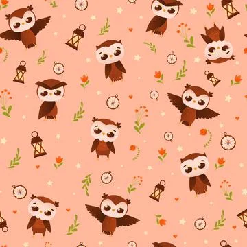 Childish bedding cute seamless pattern with owl animal character in different Stock Illustration