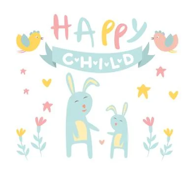 Childish Bunny with Mom Flat Vector Illustration Stock Illustration