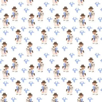 Childish cowboy patterns with cute horse and floral motifs for kids' design Stock Illustration