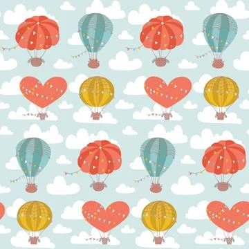 Childish cute seamless pattern with Hot Air Balloon flying in the sky on a light Stock Illustration