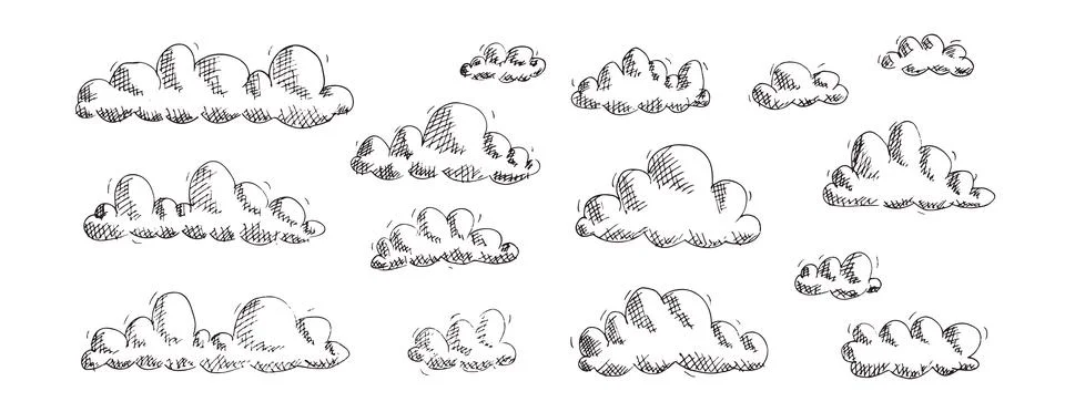 Childish doodle clouds. Naive ink pen sketch sky background. Playful kids cloudy Stock Illustration