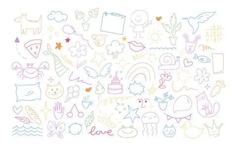 Childish doodle outline elements collection. Hand drawn animals, plants Stock Illustration
