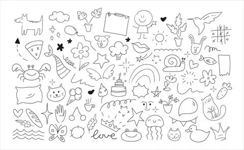Childish doodle outline elements collection. Hand drawn animals, plants イラスト素材