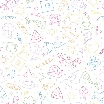 Childish doodle outline elements seamless pattern. Hand drawn animals Stock Illustration