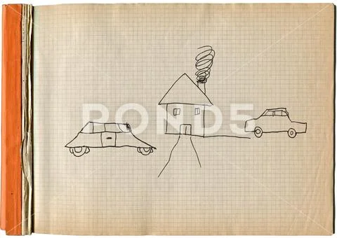 Childish drawing, kid sketch, cars and house on squared sheet Stock Photos