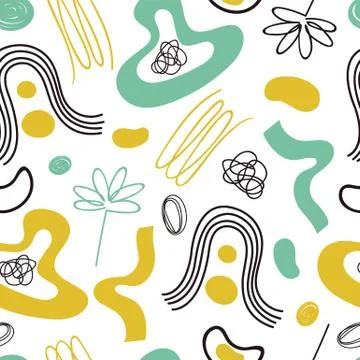 Childish drawn pattern. Flowers, wave lines doodle abstract elements background Stock Illustration