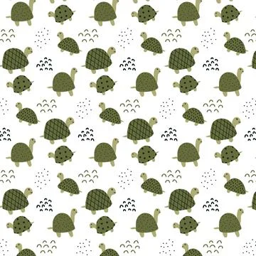 Childish hand-drawn pattern with green turtles. 스톡 일러스트