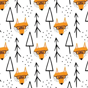 Childish hand-drawn seamless pattern with red fox Stock Illustration