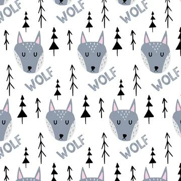 Childish hand-drawn seamless pattern with wolf Stock Illustration