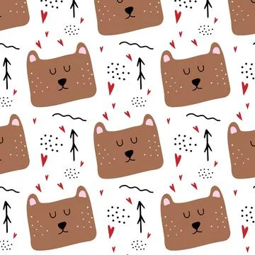 Childish hand-drawn seamless pattern with bear. Illustrazione stock