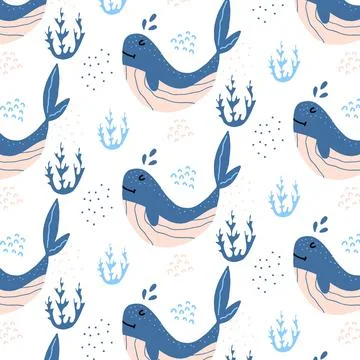 Childish hand-drawn seamless pattern with whales Stock Illustration