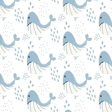 Childish hand-drawn seamless pattern with whales. Stock Illustration