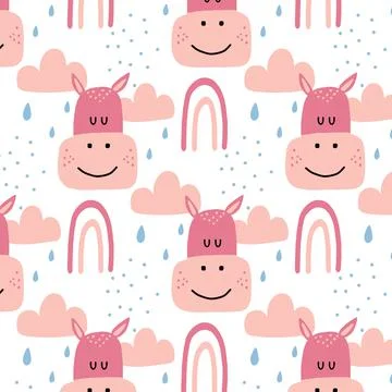 Childish hand-drawn seamless pattern with hippo and rainbow. Stock Illustration