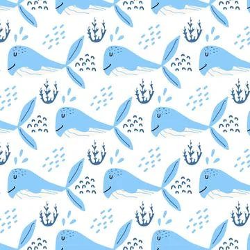 Childish hand-drawn seamless pattern with whales Stock Illustration