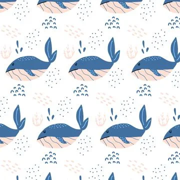 Childish hand-drawn seamless pattern with whales. Stock Illustration