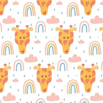 Childish hand-drawn seamless pattern with giraffe Stock Illustration