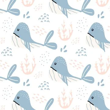 Childish hand-drawn seamless pattern with whales Stock Illustration