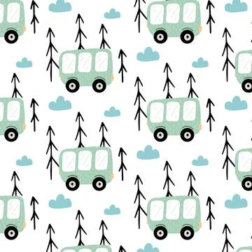 Childish hand-drawn seamless pattern with bus Stock Illustration