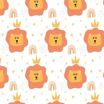 Childish hand-drawn seamless pattern with lion Stock Illustration