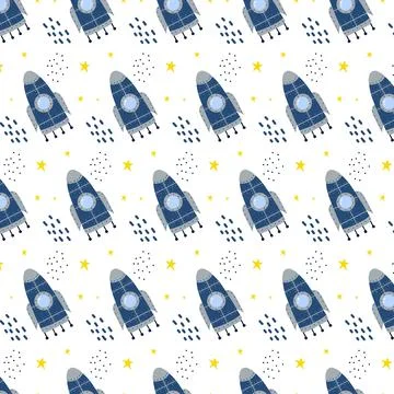 Childish hand-drawn seamless pattern with rocket Stock Illustration
