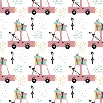 Childish hand-drawn seamless pattern with car Stock Illustration