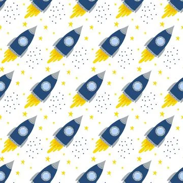 Childish hand-drawn seamless pattern with rocket. Stock Illustration