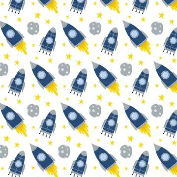 Childish hand-drawn seamless pattern with rocket. Stock Illustration