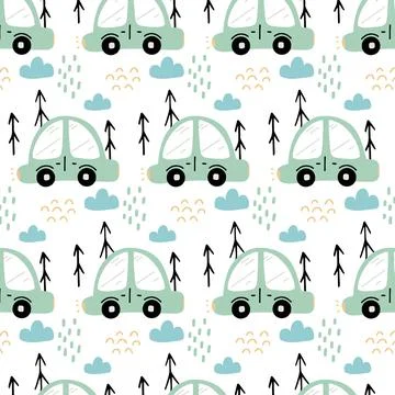 Childish hand-drawn seamless pattern with car Stock Illustration