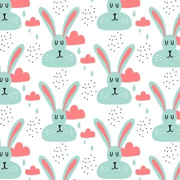 Childish hand-drawn seamless pattern with rabbit. Illustrazione stock