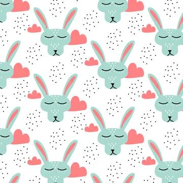 Childish hand-drawn seamless pattern with rabbit. Stock Illustration