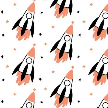 Childish hand-drawn seamless pattern with rocket Stock Illustration