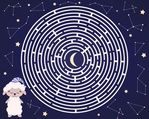 Childish labyrinth game, help little tired sheep find way to moon, sleeping Stock Illustration