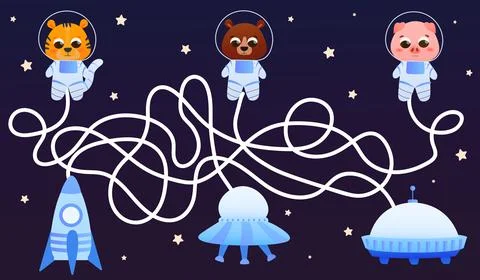Childish maze game, help find way animals to their spaceships, galaxy exporing Stock Illustration