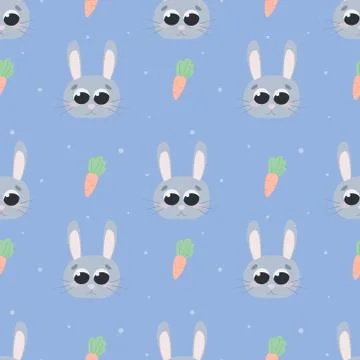 Childish pattern with bunny head and carrots on blue background, cute baby Stock Illustration