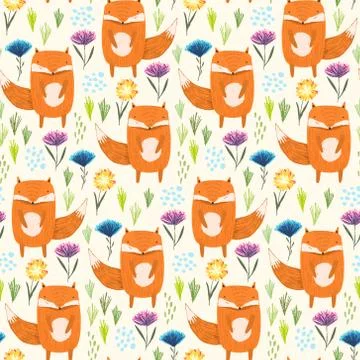 Childish pattern with foxes, grass and flowers Stock Illustration
