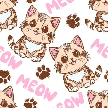Childish pattern, hand drawn cute cats with meowing text, seamless pattern, baby Illustrazione stock