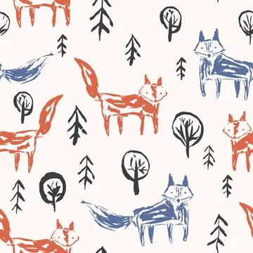 Childish pattern with orange foxes in forest Illustrazione stock
