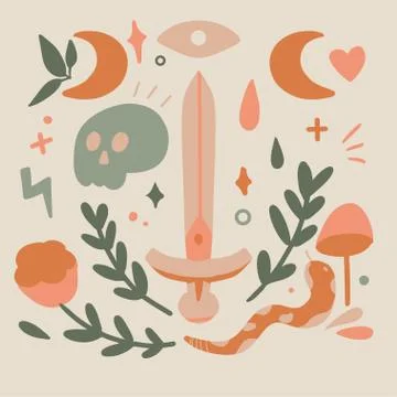 Childish pattern with sword, skull, snake and heart Stock Illustration